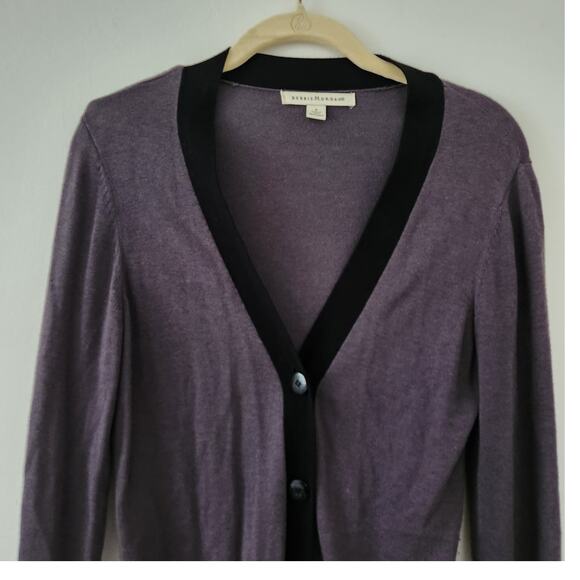 DEBBIE MORGAN Long Grey & Black Trim V Neck Cardigan S - Picture 2 of 5